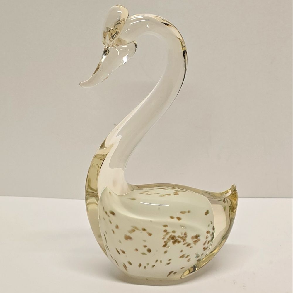 Vintage MCM Gold Flake Hand Blown Glass Swan Figurine Clear / White